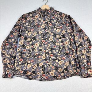 Tunevuse Shirt M Navy Beige Red Floral Long Sleeve Button Up Cotton
